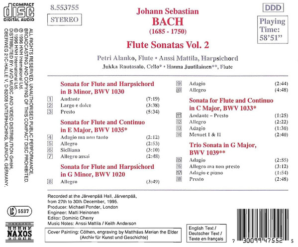 descargar álbum J S Bach Petri Alanko , Anssi Mattila, Jukka Rautasalo, Hanna Juutilainen - Flute Sonatas Vol 2