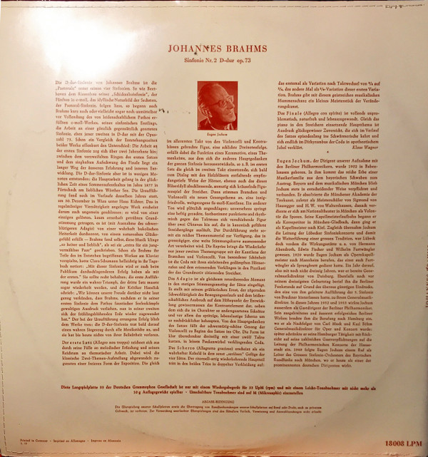 Album herunterladen Johannes Brahms Berliner Philharmonisches Orchester Dirigent Eugen Jochum - Sinfonie Nr 2 D dur Op 73