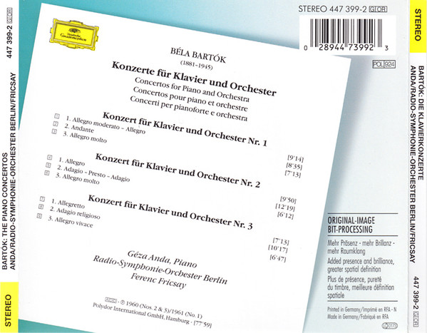 baixar álbum Bartók Géza Anda, Ferenc Fricsay RadioSymphonieOrchester Berlin - Klavierkonzerte 1 3 The Piano Concertos Les Concertos Pour Piano