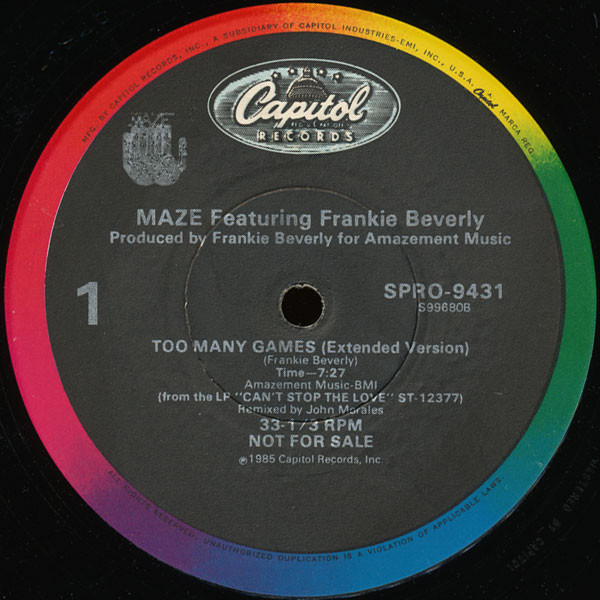 Maze Feat. Frankie Beverly – Too Many Games (1985, Vinyl) - Discogs