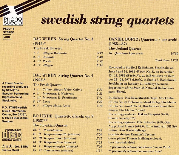 baixar álbum Dag Wirén, Bo Linde, Daniel Börtz - Swedish String Quartets