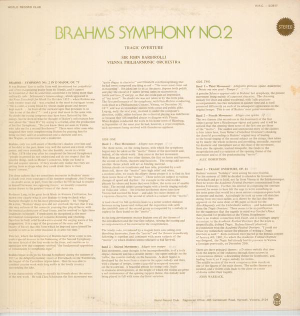 baixar álbum Brahms, Sir John Barbirolli, Vienna Philharmonic - Symphony No 2 In D Major Op 73 Tragic Overture Op 81