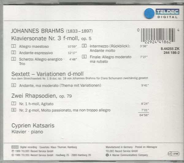 Album herunterladen Johannes Brahms Cyprien Katsaris - Klaviersonate Nr 3 F moll Sextett Variationen D moll 2 Rhapsodien Op 79