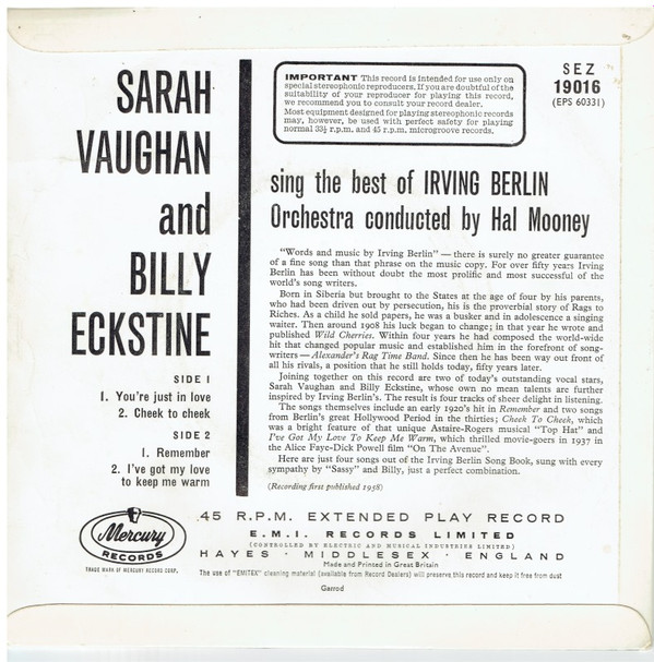 lataa albumi Sarah Vaughan, Billy Eckstine - Sing The Best Of Irving Berlin