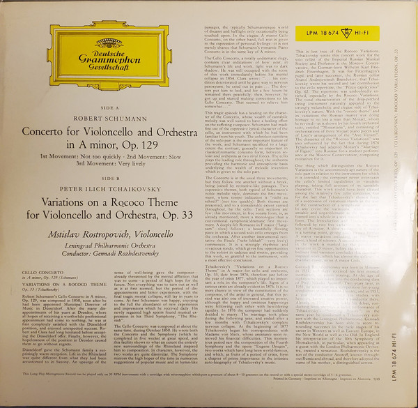 Mstislav Rostropovich , Gennadi Rozhdestvensky , Leningrader Philharmonie , Peter Tschaikowsky , Robert Schumann - Cellokonzert A-moll/Rokoko-Variationen | Deutsche Grammophon (LPM 18674) - 2