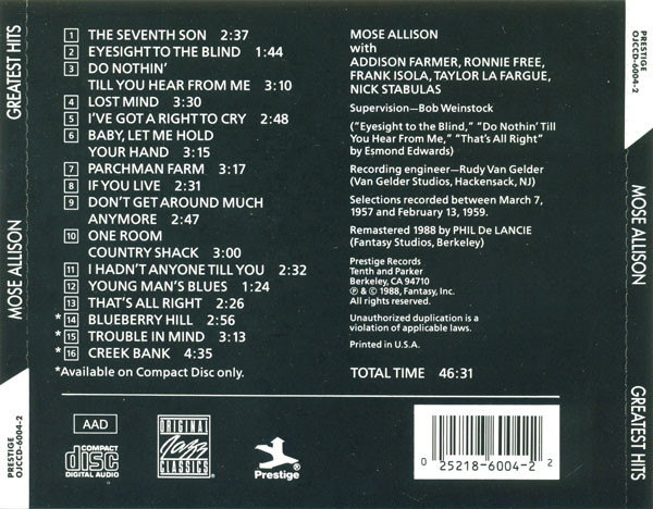 télécharger l'album Mose Allison - Greatest Hits The Prestige Collection