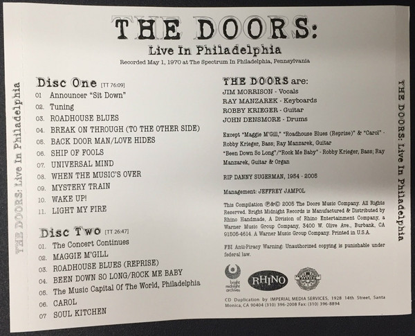 The Doors – Live In Philadelphia '70 (2005, CD) - Discogs