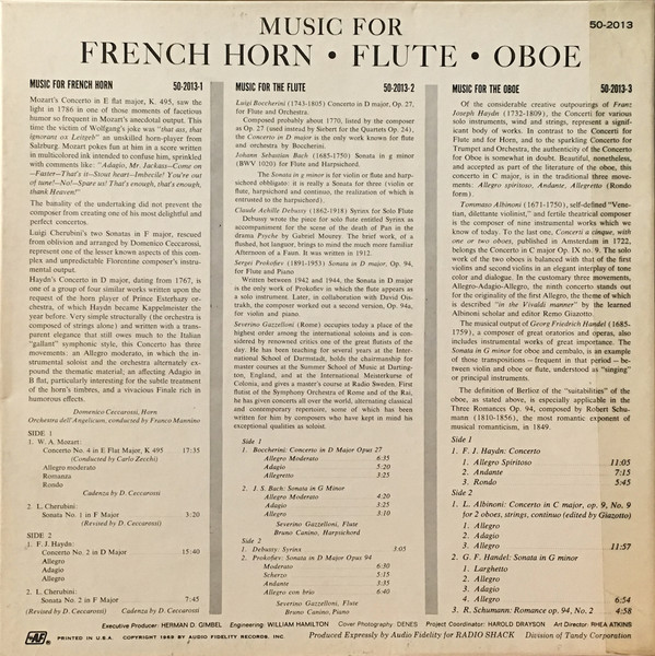 lataa albumi Domenico Ceccarossi, Carlo Zecchi, Franco Mannino, Renata Zanfini, Riccardo Castagnone Prati, Luciano Rosada, Orchestra dell'Angelicum, Severino Gazzelloni, Bruno Canino - Music For French Horn Flute Oboe