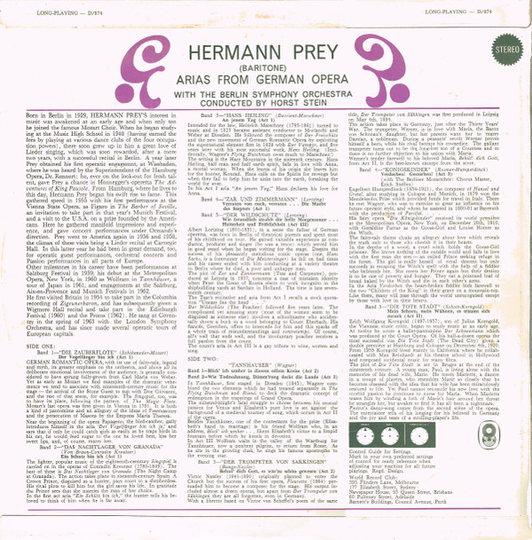 descargar álbum Hermann Prey With The Berlin Symphony Orchestra Conducted By Horst Stein - Arias From German Operas