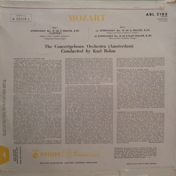 baixar álbum Mozart Karl Böhm Conducting The Concertgebouw Orchestra (Amsterdam) - Symphony No41 In C Major K551 Jupiter Symphony No26 In E Flat Major K184 Symphony No32 In G Major K 318