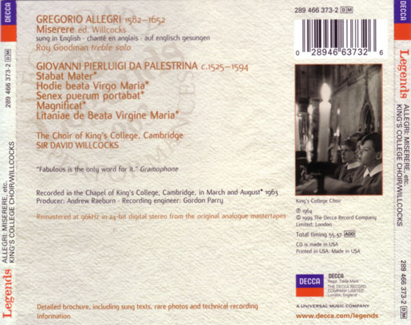 Allegri, Palestrina, Willcocks, King's College Choir