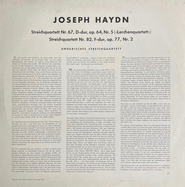 last ned album Haydn Ungarisches Streichquartett - Streichquartett Nr 67 D Dur Op 64 Nr 5 Lerchenquartett Streichquartett Nr 82 F Dur Op 77 Nr 2