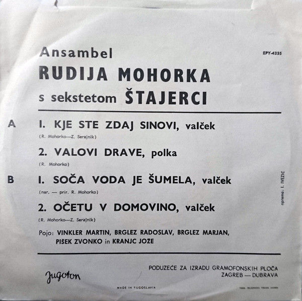 télécharger l'album Ansambel Rudija Mohorka S Sekstetom Štajerci - Kje Ste Zdaj Sinovi