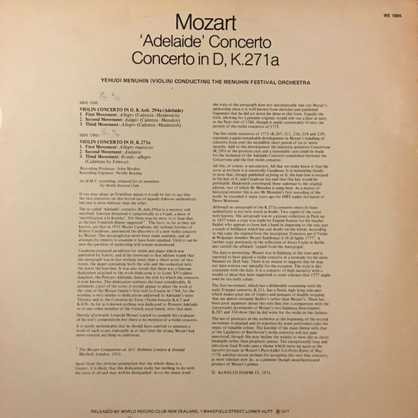 télécharger l'album Mozart Yehudi Menuhin The Menuhin Festival Orchestra - Adelaïde Concerto Concerto in D K 271a