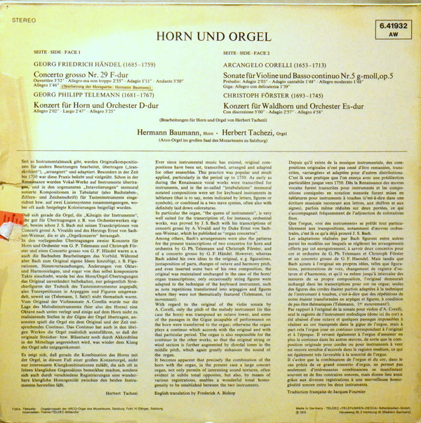 baixar álbum Telemann Corelli Händel Förster Hermann Baumann & Herbert Tachezi - Horn Orgel