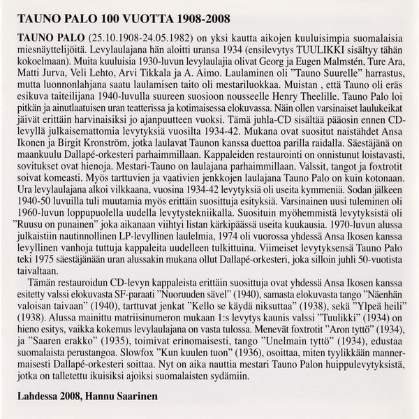 lataa albumi Tauno Palo - 100 vuotta Levytyksiä 1934 1942