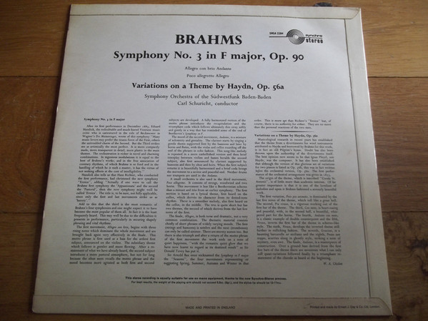 Album herunterladen Brahms Carl Schuricht Conducts The Südwestfunk Orchestra, BadenBaden - Symphony N3 Variations On A Theme By Haydn