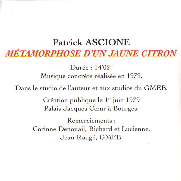 descargar álbum Patrick Ascione - Métamorphose DUn Jaune Citron