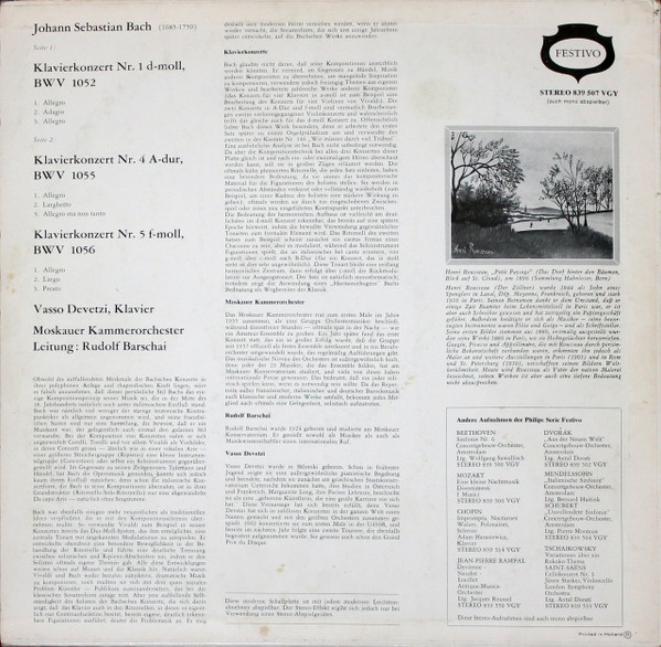 last ned album Bach Vasso Devetzi, Moskauer Kammerorchester, Rudolf Barschai - Klavierkonzerte Nr 1 4 5