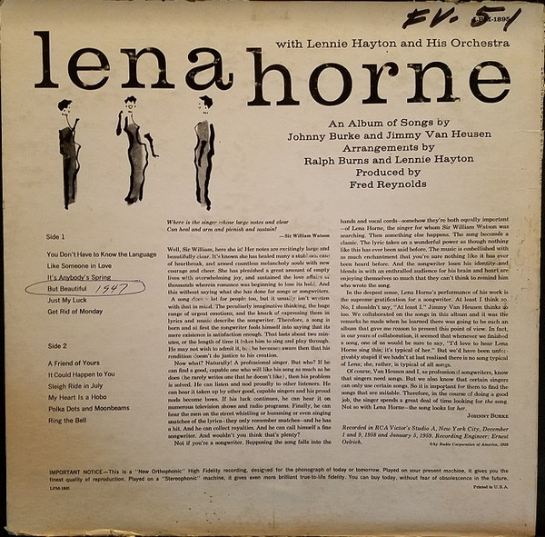 lataa albumi Lena Horne - Songs By Burke And Van Heusen