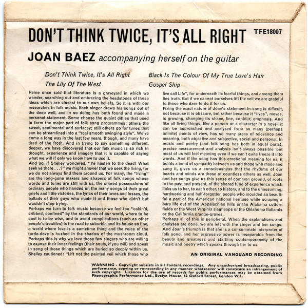 Joan Baez – Don't Think Twice, It's All Right (1963, Vinyl) - Discogs