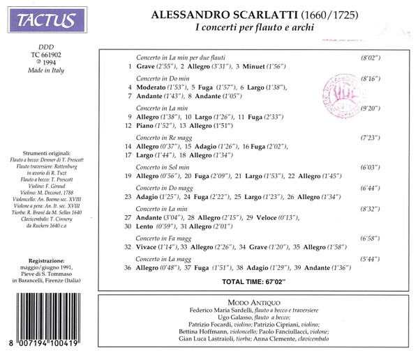 descargar álbum Alessandro Scarlatti Modo Antiquo, Federico Maria Sardelli - I Concerti Per Flauto E Archi