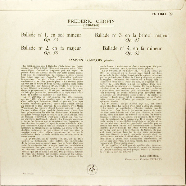 last ned album Samson François, Frédéric Chopin - Ballade N 1 En Sol Mineur Op 23 Ballade N 2 En Fa Majeur Op 38 Ballade N 3 En La Bémol Majeur Op 47 Ballade N 4 En Fa Mineur Op 52