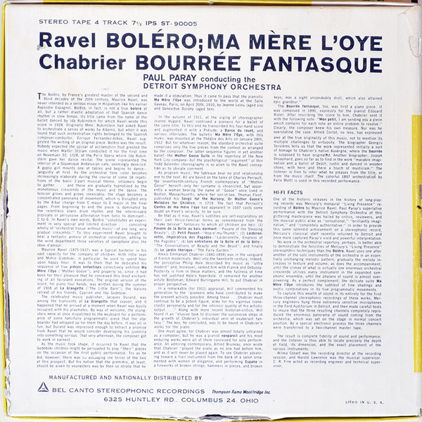 lataa albumi Ravel, Chabrier, Detroit Symphony Orchestra, Paul Paray - Bolero Ma Mere LOye Bourree Fantasque