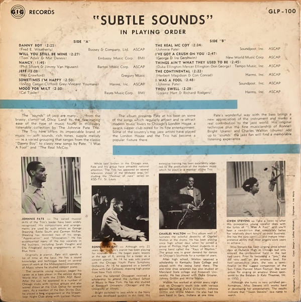 last ned album The Johnnie Pate Trio Johnnie Pate, Ronnell Bright, Charles Walton and Gwen Stevens - Subtle Sounds