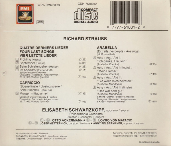 baixar álbum Richard Strauss, Elisabeth Schwarzkopf, Philharmonia Orchestra, Otto Ackermann, Lovro Von Matacic - Four Last Songs Capriccio Closing Scene Arabella Excerpts