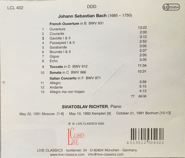 ladda ner album Sviatoslav Richter, Bach - French Ouverture BWV 831 Toccata BWV 912 Sonata BWV 966 Italian Concerto BWV 971