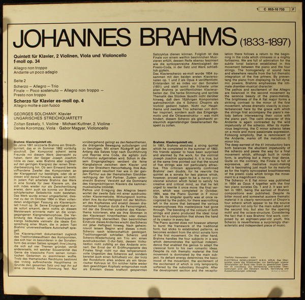 last ned album Johannes Brahms - Quintett Für Klavier Zwei Violinen Viola Und Violoncello f moll Op 34 Scherzo Für Klavier es moll Op4