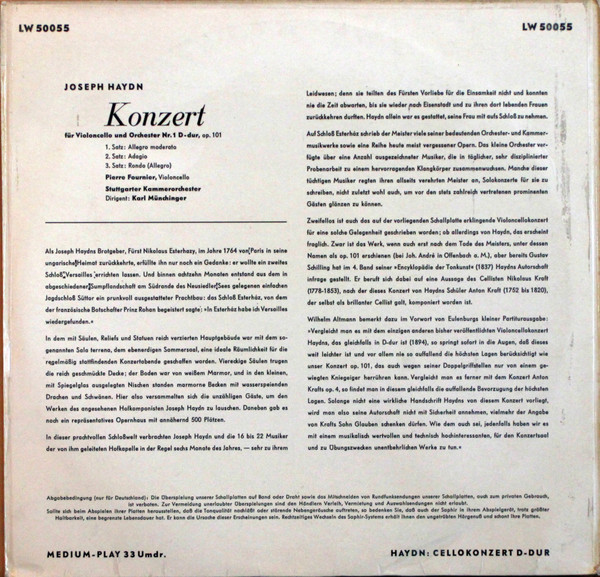 télécharger l'album Joseph Haydn Pierre Fournier Stuttgarter Kammerorchester Dirigent Karl Münchinger - Cellokonzert
