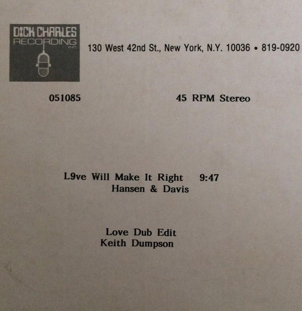 last ned album Hansen & Davis - Love Will Make It Right Unreleased Love Dub Edit