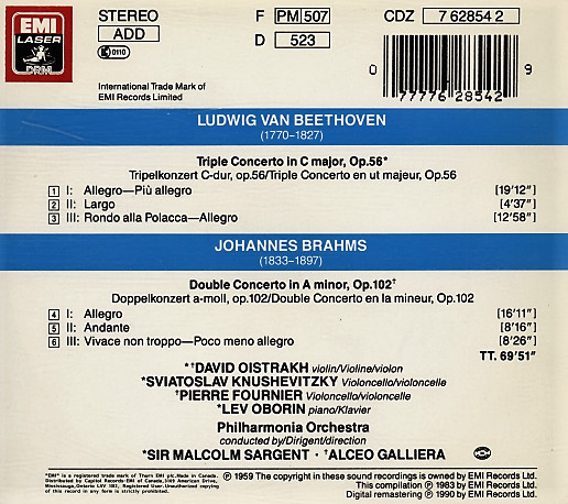 télécharger l'album Beethoven, Brahms, David Oistrach, Pierre Fournier, Sviatoslav Knushevitsky, Lev Oborin, Philharmonia Orchestra, Sir Malcolm Sargent, Alceo Galliera - Beethoven Triple Concerto Brahms Double Concerto