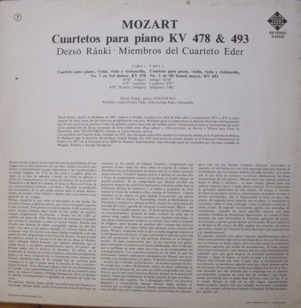ladda ner album Mozart, Dezső Ránki, Éder Quartet - Klavierquartette Piano Quartets Quatuors pour piano KV 478 493