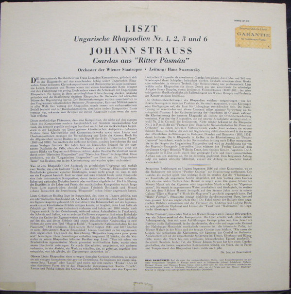 lataa albumi Liszt, Orchester Der Wiener Staatsoper, Hans Swarowsky - Ungarische Rhapsodien Nr 1 2 3 Und 6