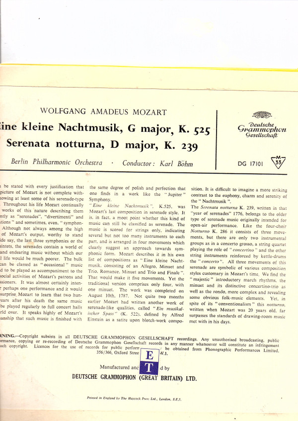 Album herunterladen Wolfgang Amadeus Mozart, Berlin Philharmonic Orchestra, Karl Böhm - Eine Kleine Nachtmusik G Major K525 Serenata Notturna K239
