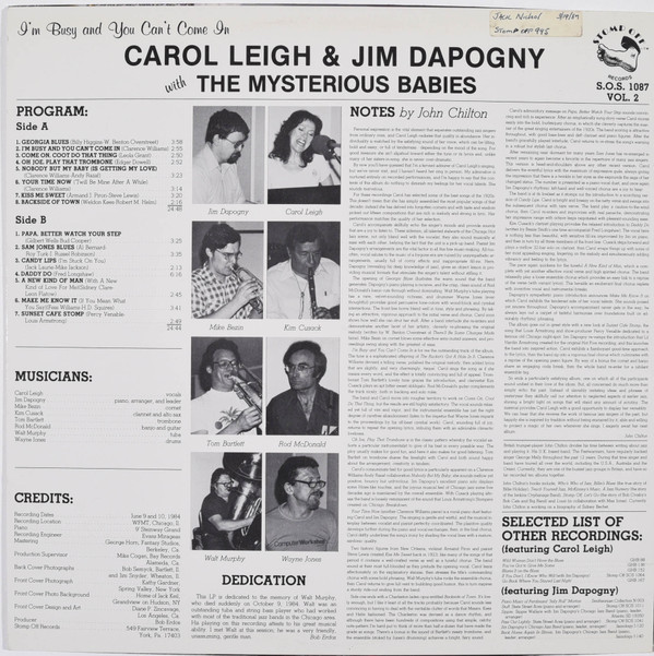 ladda ner album Carol Leigh & Jim Dapogny With The Mysterious Babies - Im Busy and You Cant Come In