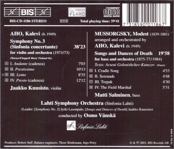 télécharger l'album Kalevi Aho, Modest Mussorgsky, Lahti Symphony Orchestra, Osmo Vänskä, Jaakko Kuusisto, Matti Salminen - Symphony No 3 Songs Dances Of Death