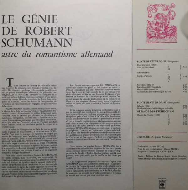 last ned album Robert Schumann, Jean Martin - Bunte Blätter Op99 Trois Petites Pièces Feuilles DAlbum Gesänge Der Frühe Op133 Chants De Laube