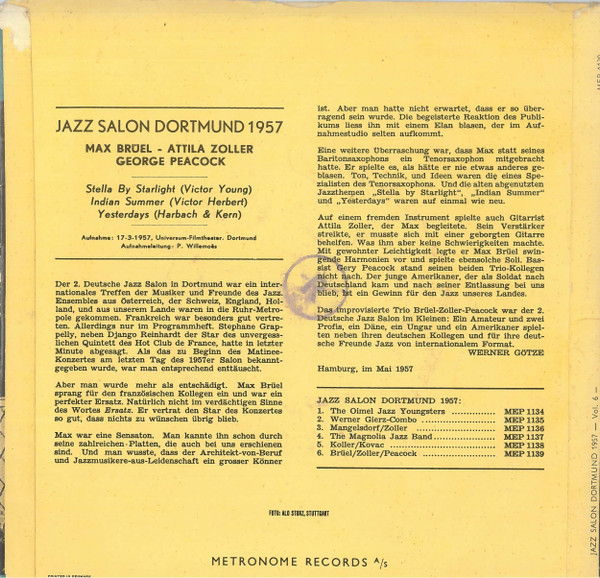 ladda ner album Max Brüel Attila Zoller George Peacock - Jazz Salon Dortmund 1957