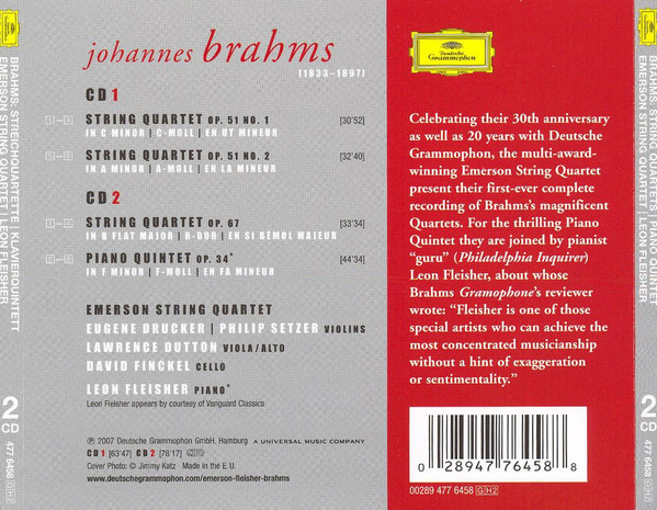 ladda ner album Brahms Emerson String Quartet, Leon Fleisher - String QuartetsPiano Quintet