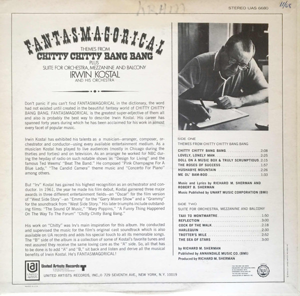 lataa albumi Irwin Kostal And His Orchestra - F a n t a s m a g o r i c a l Themes From Chitty Chitty Bang Band Plus Suite For Orchestra Mezzanine And Balcony