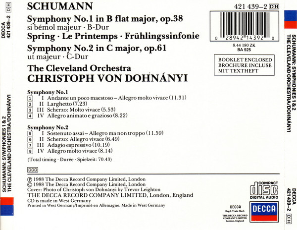 descargar álbum Schumann, The Cleveland Orchestra, Christoph von Dohnányi - Symphonies 1 2