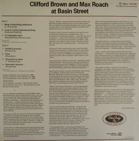 Clifford Brown And Max Roach - At Basin Street | Releases | Discogs