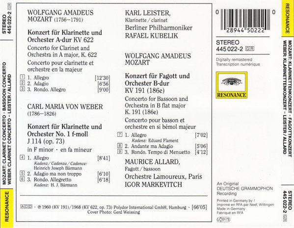 ladda ner album Karl Leister, Berliner Philharmoniker, Rafael Kubelik Maurice Allard, Orchestre Lamoureux, Paris, Igor Markevitch - MozartWeber Klarinettenkonzerte Mozart Fagottkonzert