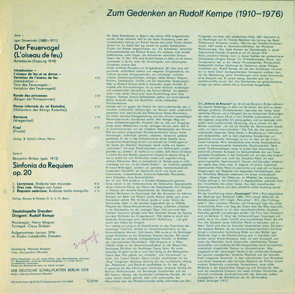 Album herunterladen Strawinski Britten Staatskapelle Dresden, Rudolf Kempe - Der Feuervogel Ballett Suite Sinfonia Da Requiem Op 20