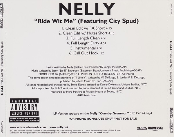 Nelly Featuring City Spud – Ride Wit Me (2001, CD) - Discogs