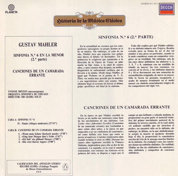 lataa albumi Mahler, Georg Solti, Chicago Symphony Orchestra, Yvonne Minton - Sinfonía Nº 6 2ª parte Canciones De Un Camarada Errante